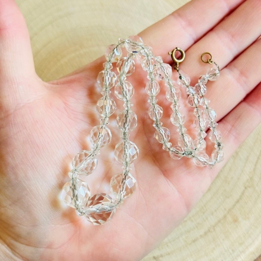 VTG Art Deco Czech Choker clear Glass necklace carved‎ faceted beads 17"